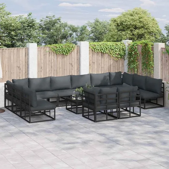 Havesofa sæt 12 dele sort aluminium med hynder