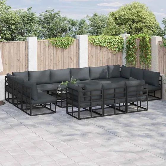 Havesofa sæt 14 dele – Sort aluminium med hynder