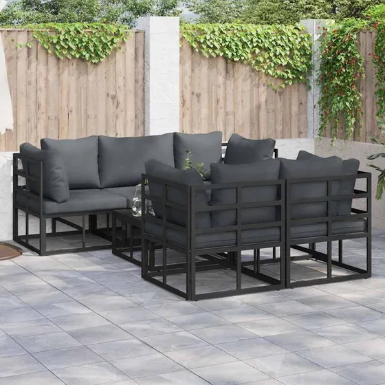 Havesofa sæt 6 dele - Sort aluminium med hynder