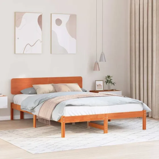 Sengestel 160x200 med hovedgærde, massiv fyrretræ - voks brun