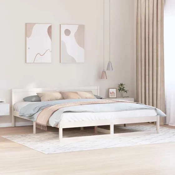 Sengestel 200x200 cm i massivt fyrretræ – hvidt hovedgærde