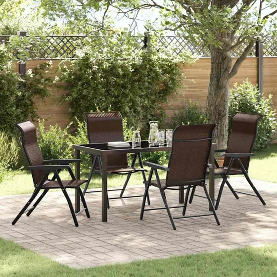 Spisebordssæt 5 dele i brun polyrattan og pulverlakeret stål