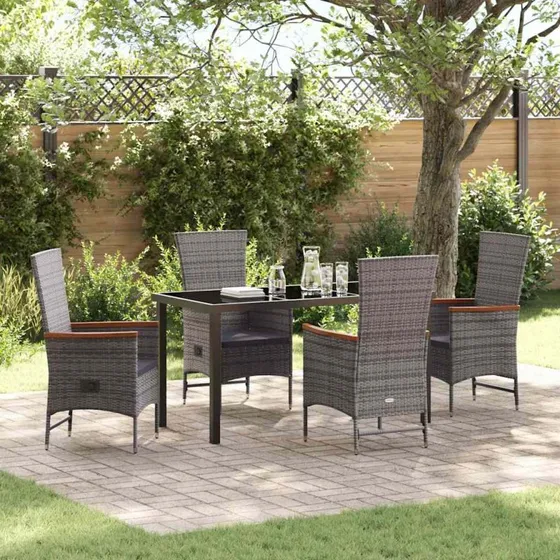 Gråt 5‑pcs have spisebordssæt i poly rattan med puder