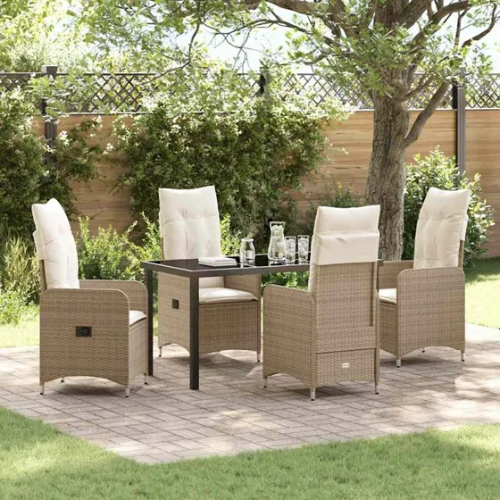 Beige 5-pc polyrattan havespisebordssæt med puder
