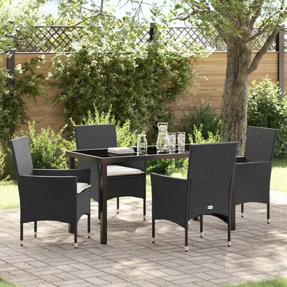 Have Spisebordssæt 5 stk Sort polyrattan med puder