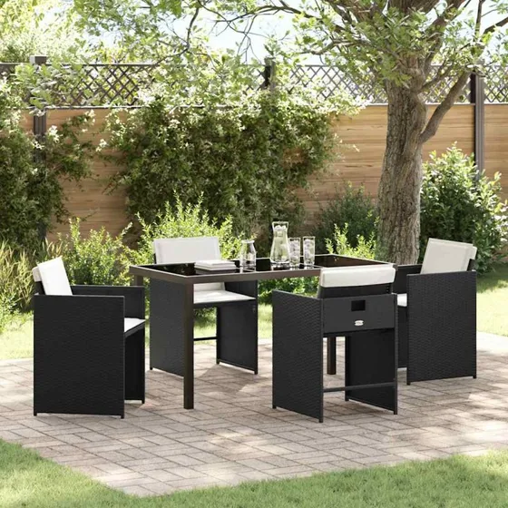 Have spisebordssæt 5 pcs i sort polyrattan med puder