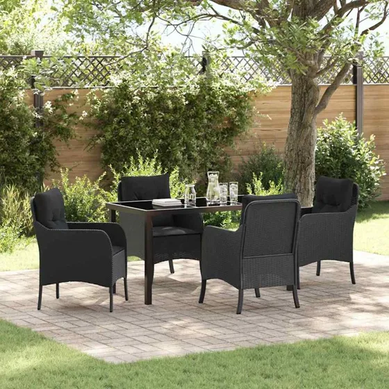 Have spisebordssæt 5 pers. i sort polyrattan med puder