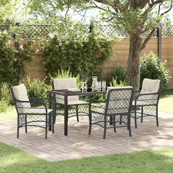 Have spisebordssæt 5 stk sort polyrattan med pude