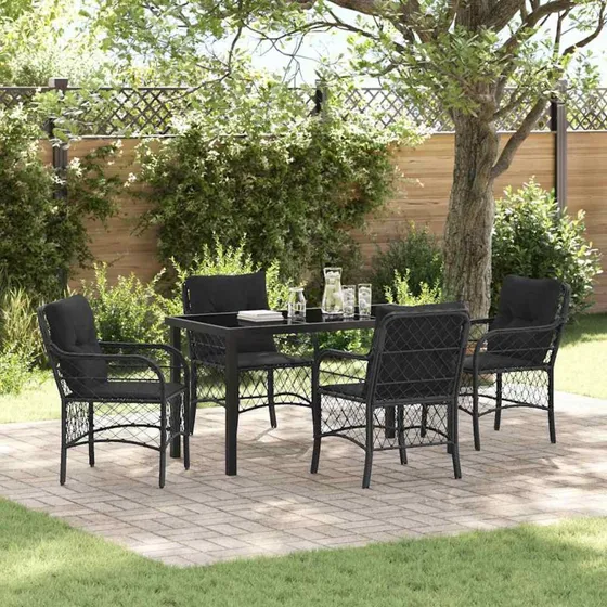 Sort have spisebordssæt i polyrattan 5 dele med puder