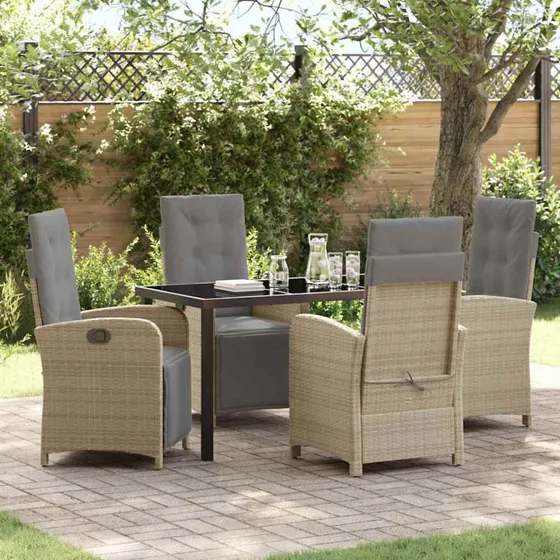 Beige polyrattan havespisesæt 5 dele med hynder