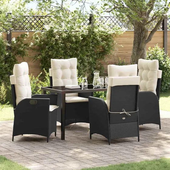 Have spisebordssæt 5 stk i sort polyrattan med puder