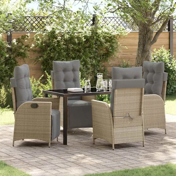 Beige polyrattan havespisebordssæt 5 dele med pude