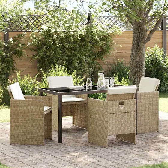 Have-spisebordssæt 5 pers. i beige polyrattan
