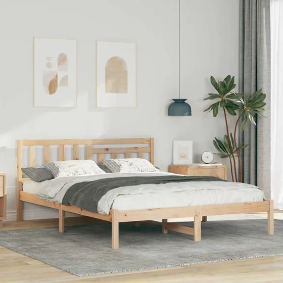 Sengestel 140x200 i massivt fyrretræ med hovedgærde, brun