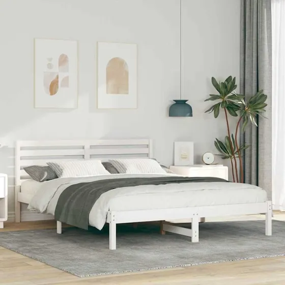 Sengestel i massivt fyrtræ 160x200 cm, hvidt hovedgærde