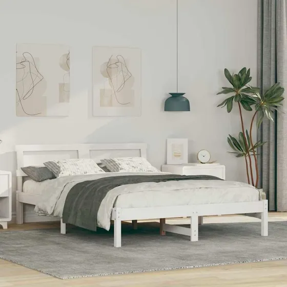 Sengestel i massivt fyrretræ med hovedgærde, hvid 120x190 cm
