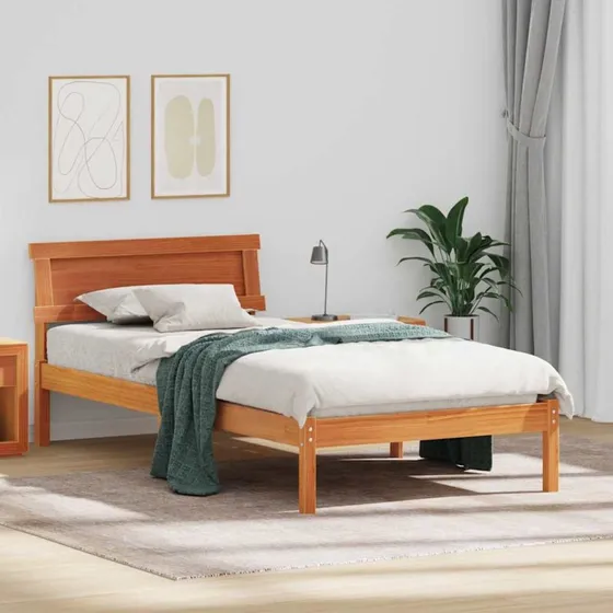 Sengestel i massivt fyrretræ 75x190 cm, gyldenbrun med hovedgærde