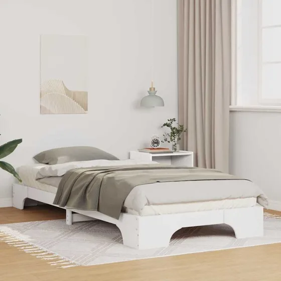 Hvid gulvseng 100 x 210 cm i massivt fyrretræ med opbevaring