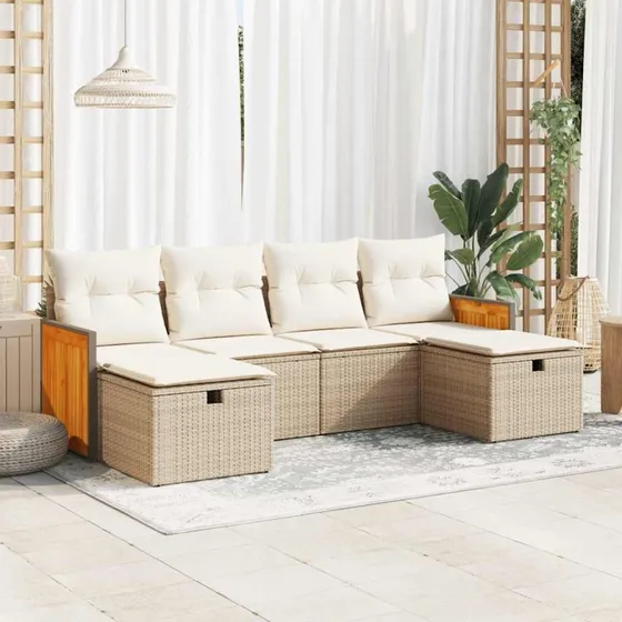 Havesofasæt 6 dele i polyrattan med hynder – beige