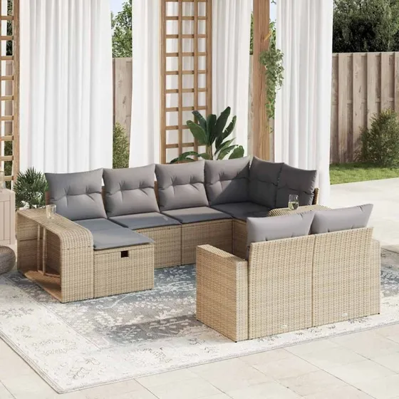 Havesæt i polyrattan 10 dele med hynder, beige