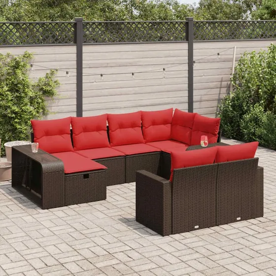 Havesofasæt 10 dele i polyrattan med hynder - brun