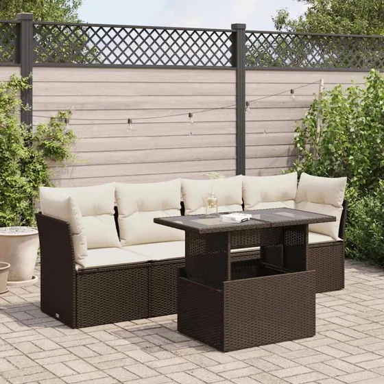 Havesofasæt 5 dele i polyrattan med hynder - brun