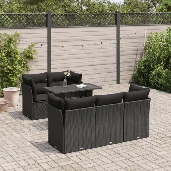 Polyrattan sofasæt til haven 6 dele med hynder - Sort