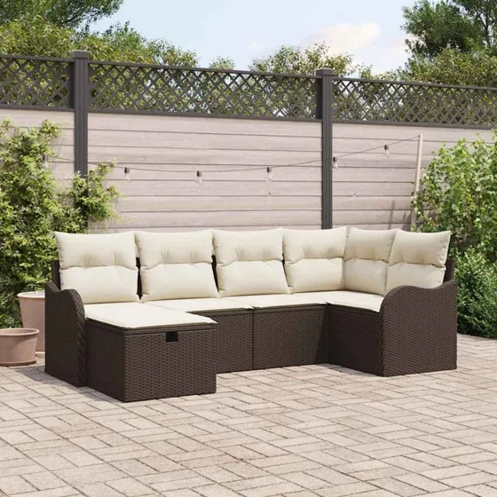 Havesofa sæt 6 dele brun polyrattan med opbevaring