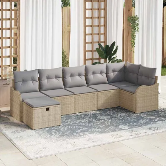 Havesofa sæt 7 dele med opbevaring, beige poly rattan