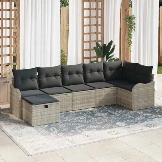 Havesofa sæt 7 dele i lysegrå poly rattan med opbevaring