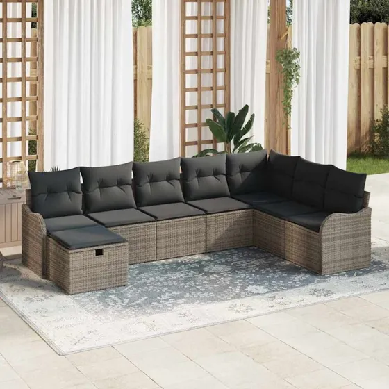 Havesofa sæt 8 dele i grå polyrattan med opbevaring