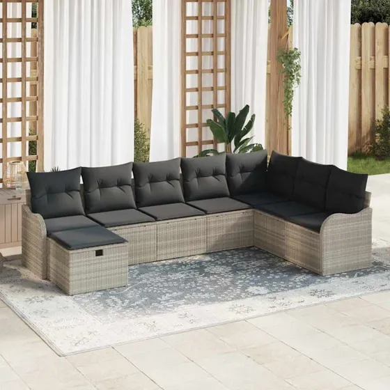 Havesofa sæt 8 dele lysegrå polyrattan m/ opbevaring