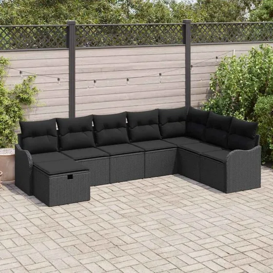 Havesofa sæt 8 dele - Sort polyrattan m. opbevaring