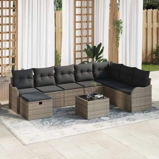 Havesofa sæt 9 dele i grå poly rattan med opbevaring