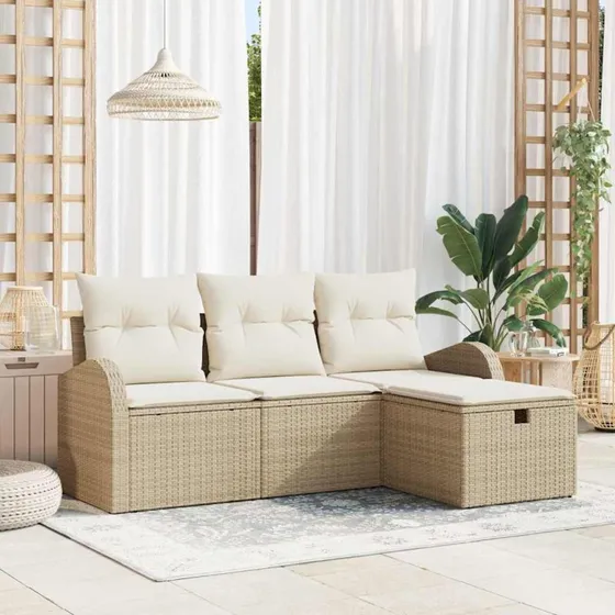 Havesofa sæt 4-personer beige – poly rattan med opbevaring