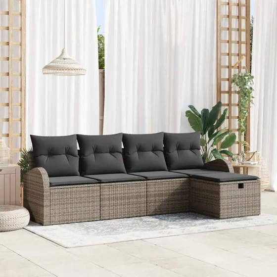 Havesofa sæt 5-dele med opbevaring – Grå poly rattan