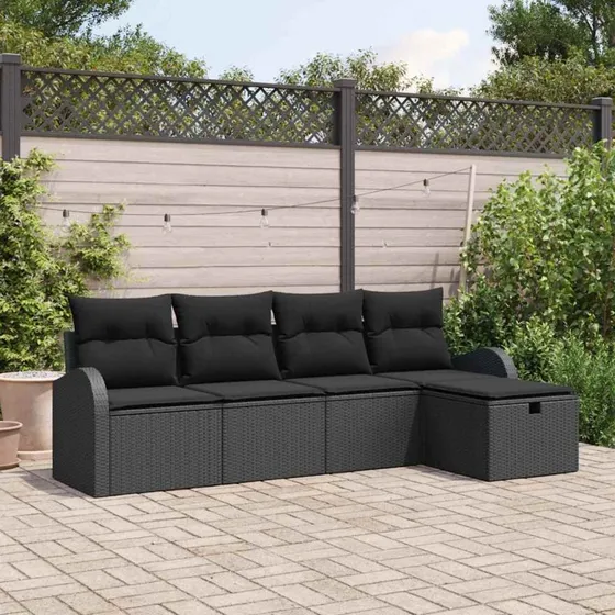 Havesofa sæt 5 dele i sort poly rattan med opbevaring