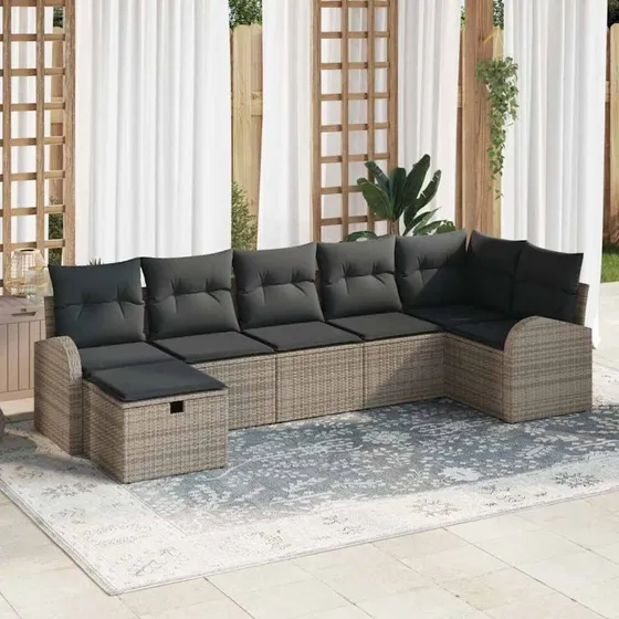 Havesofa sæt 7 dele i grå polyrattan med opbevaring