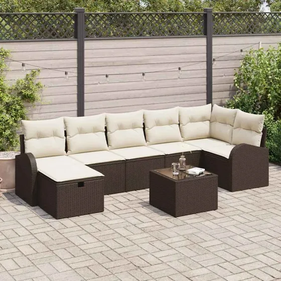Havesofa sæt 8 dele i brun polyrattan med hynder & opbevaring