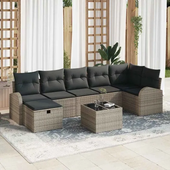 Havesofa sæt 8 dele med pude og opbevaring – Grå poly rattan