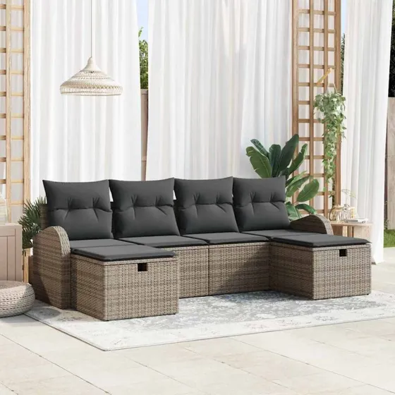 Modulær havesofa sæt 6 dele i grå polyrattan m. opbevaring