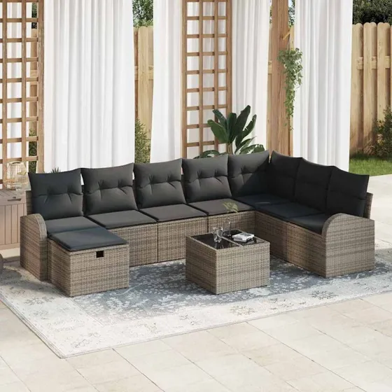 Havesofa sæt 9 dele med opbevaring - Grå poly rattan