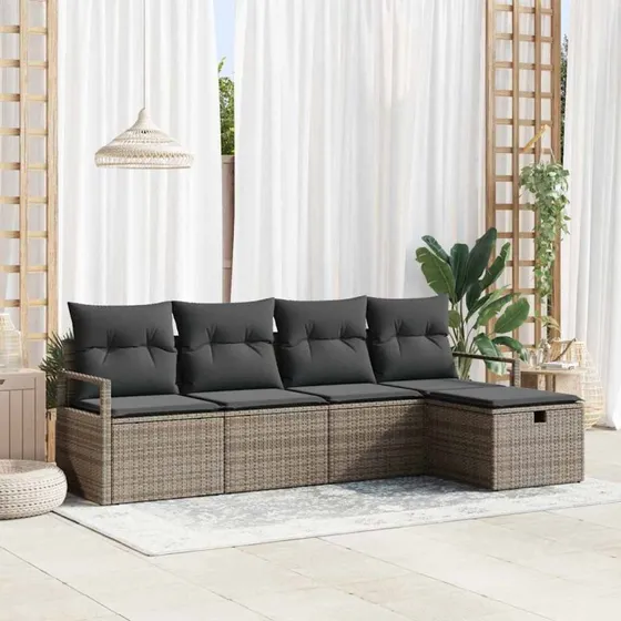 Havesofa sæt 5 dele med opbevaring - Grå poly-rattan