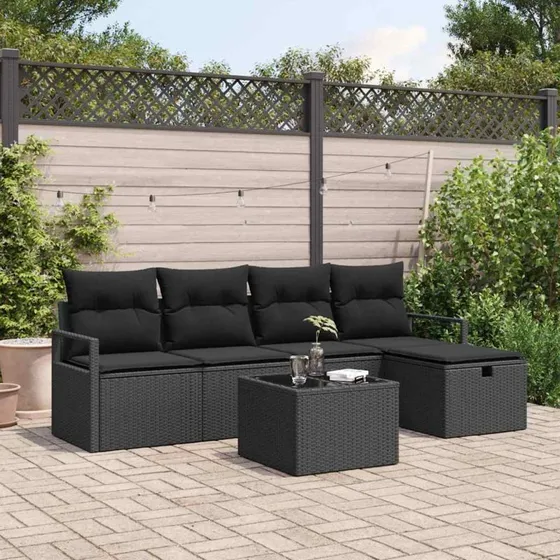 Havesofa sæt 6 dele med opbevaring – Sort poly rattan