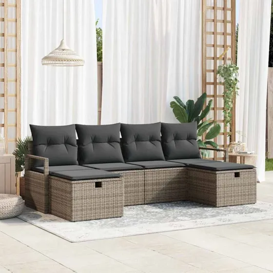Havesofa sæt i grå polyrattan med puder & opbevaring
