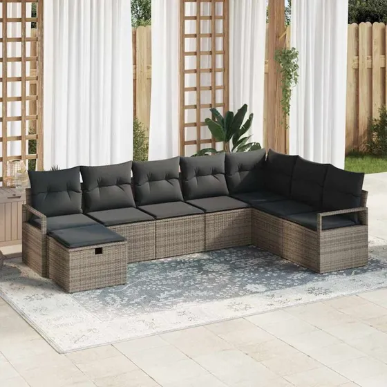 Havesofa sæt i polyrattan med hynder – grå (5/8 dele)