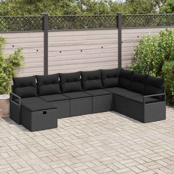 Polyrattan havesofa sæt 6–8 dele med hynder - sort