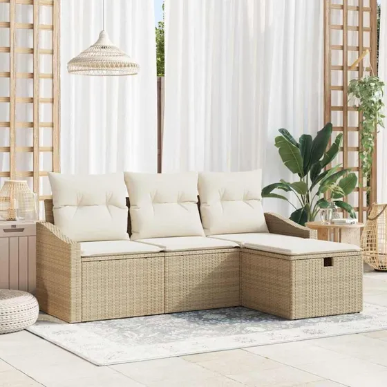 4-pcs Polyrattan Havemøbelsæt med Puder - Beige