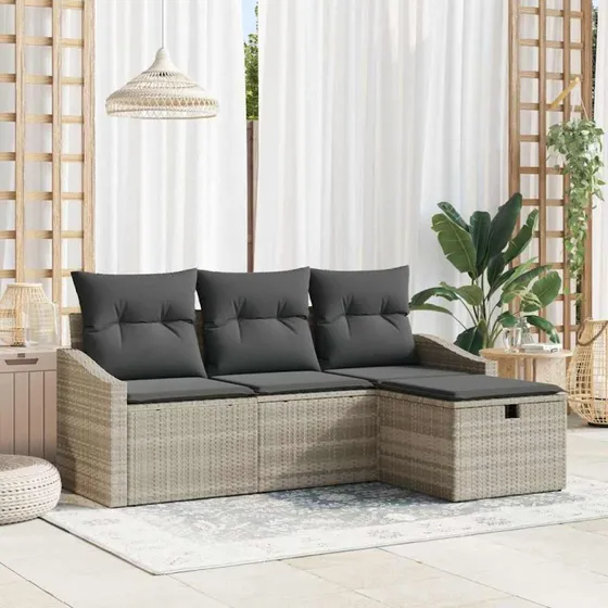 Havesofa sæt 4 dele i lysegrå polyrattan med puder