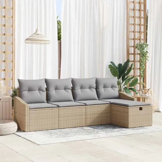 Havesofa sæt i polyrattan 5-6 pers. med hynder - Beige